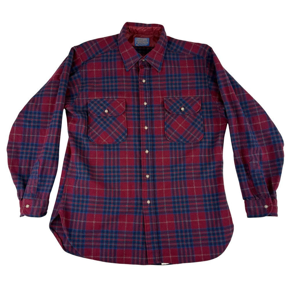 Pendleton Board Shirt Mens Large Burgundy Blue Plaid Wool Flannel Vintage